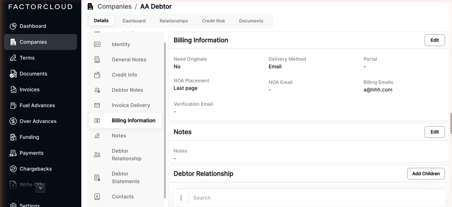 Billing Information section showing the Verification Email field