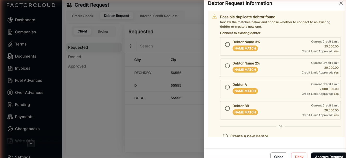 Debtor Request Information showing Possible duplicate debtor found with matching debtors