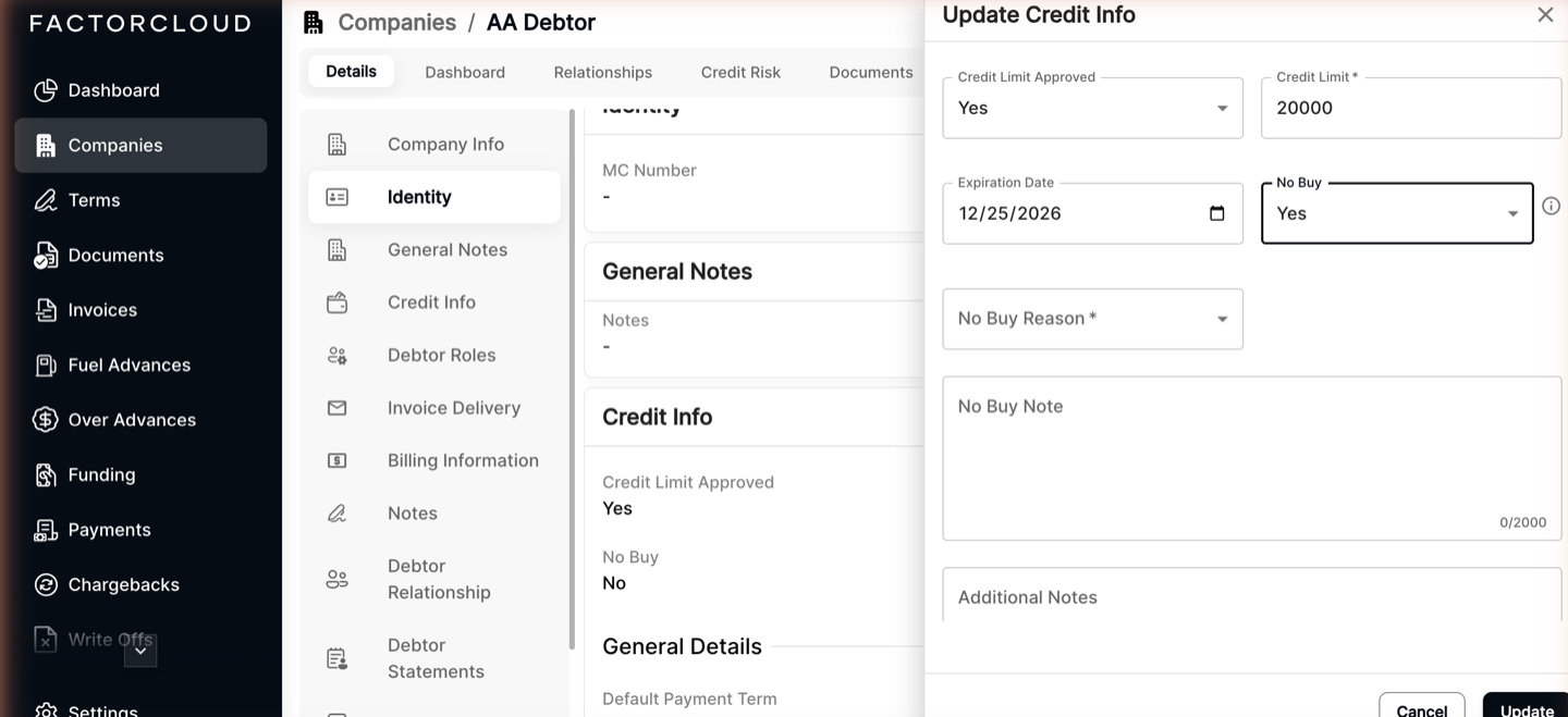Update Credit Info with No Buy set to Yes, showing No Buy Reason and No Buy Note