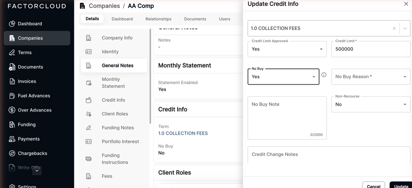 Client Update Credit Info with No Buy Reason and No Buy Note