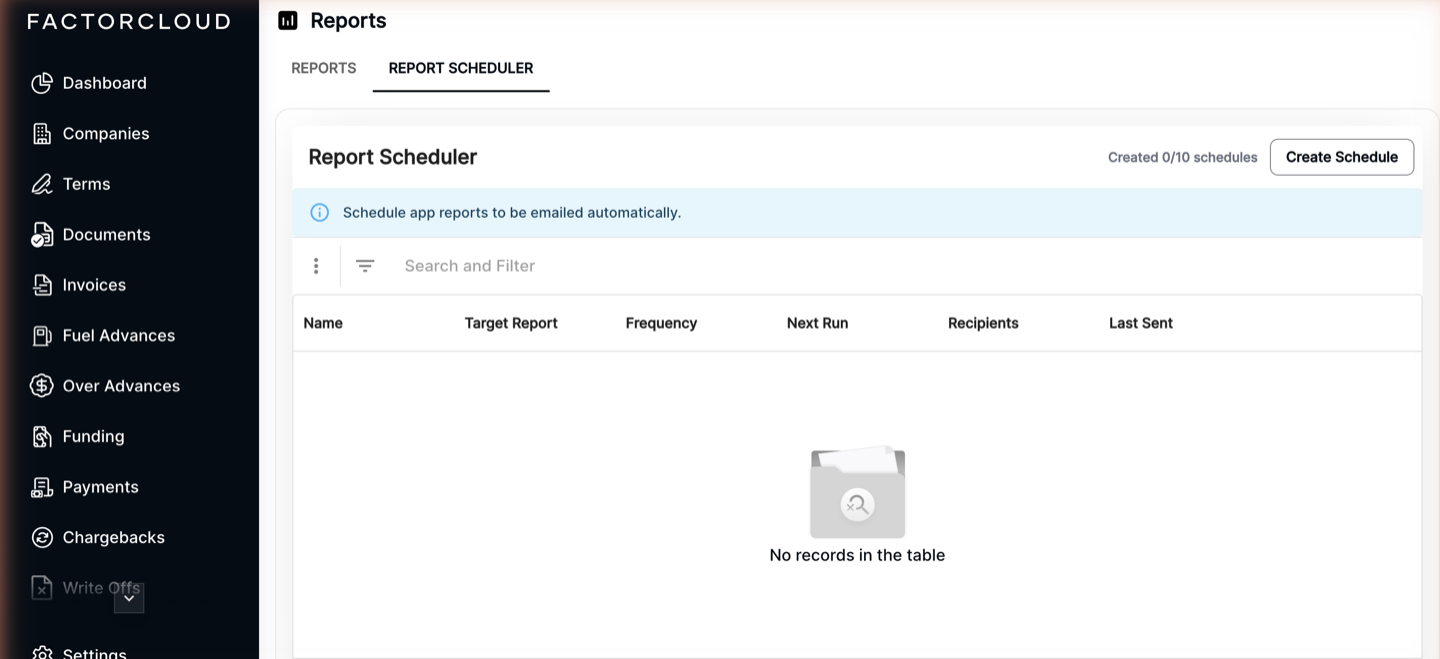 Report Scheduler tab listing schedules with Name, Target Report, Frequency, Next Run, Recipients and Last Sent