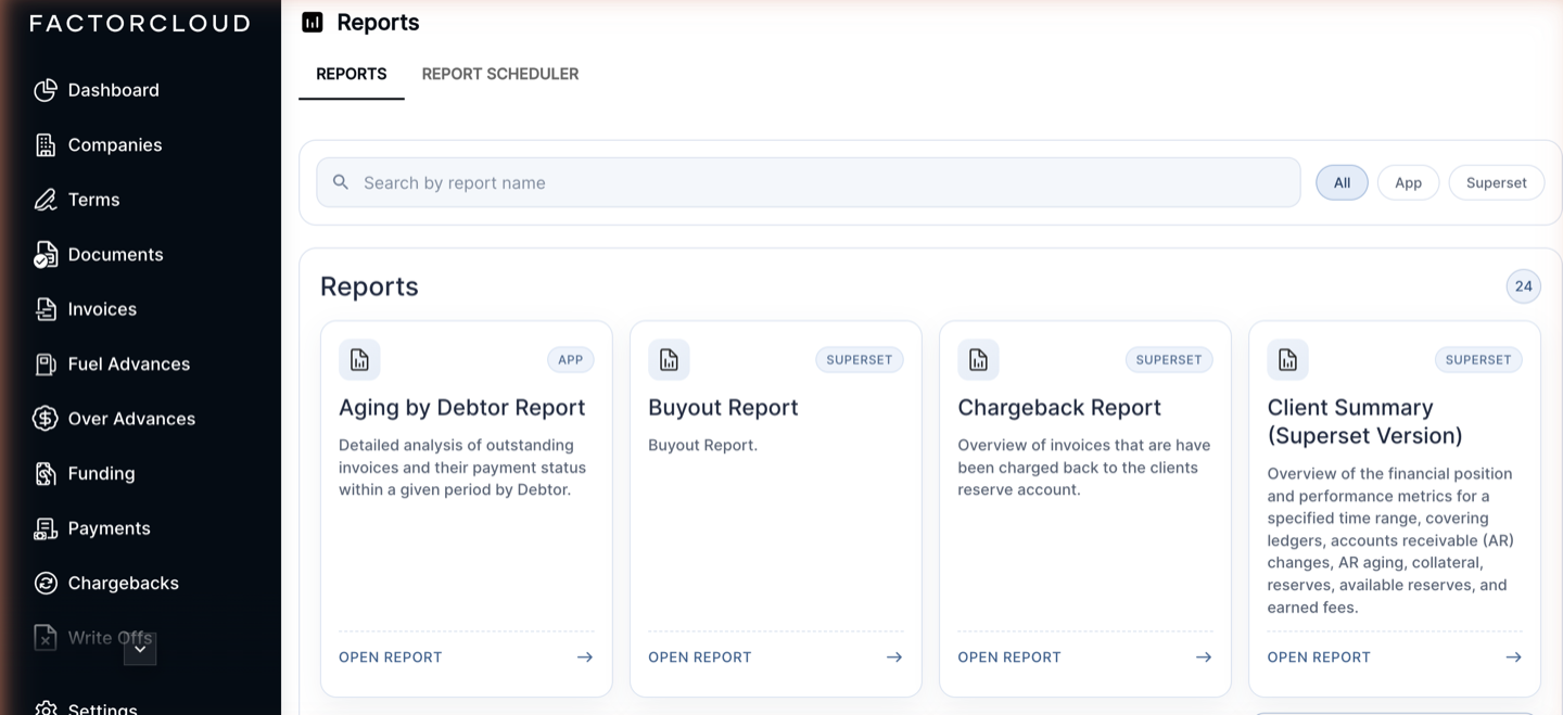 Reports library with search, All / App / Superset filter and report cards