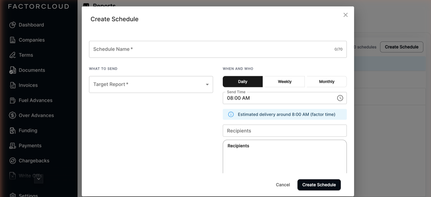 Create Schedule dialog with Schedule Name, Target Report, frequency, Send Time and Recipients