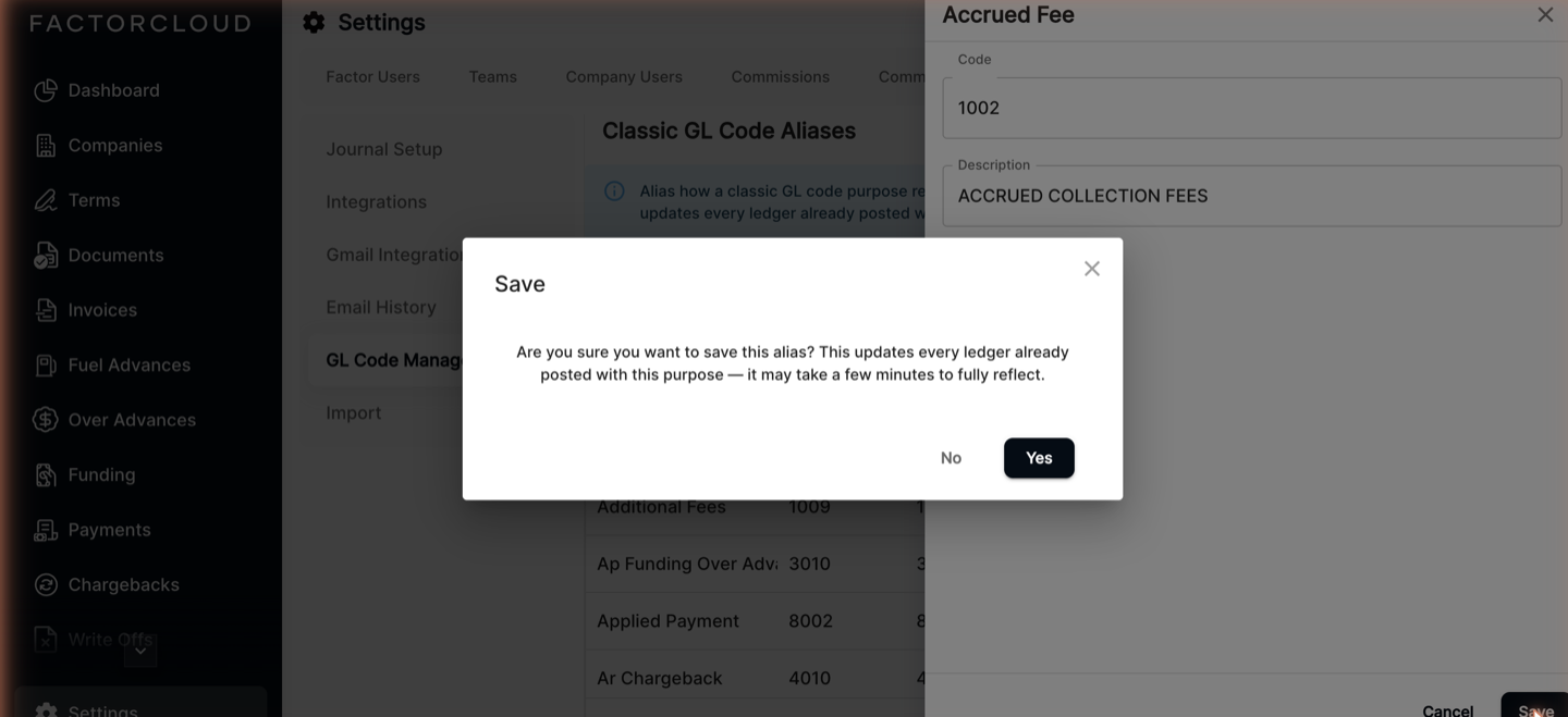 Save alias confirmation: this updates every ledger already posted with this purpose and may take a few minutes to fully reflect