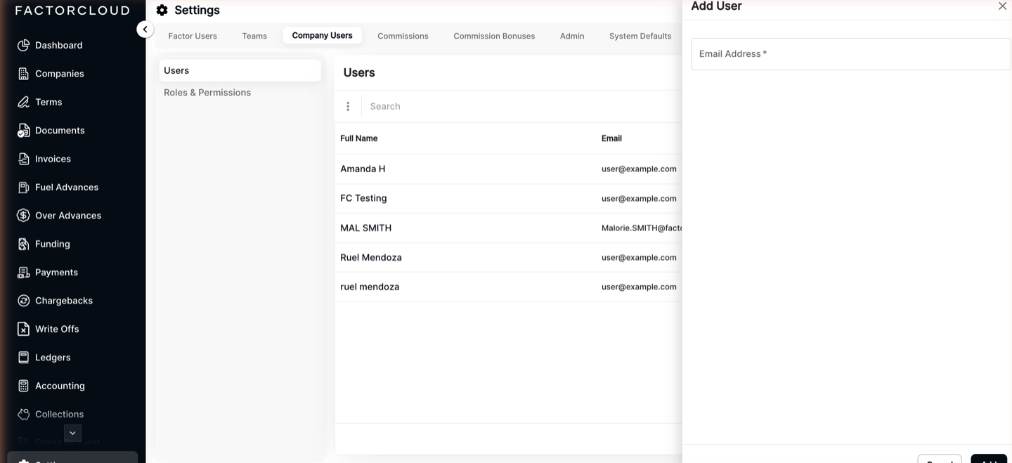 Company Users tab with the Add User blade open