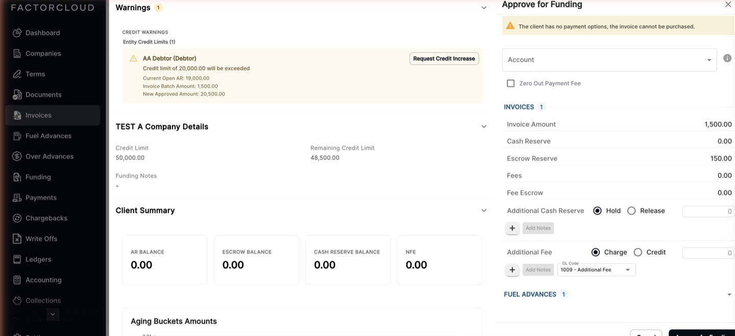 Approve for Funding screen with a credit warning on the left and the funding breakdown on the right