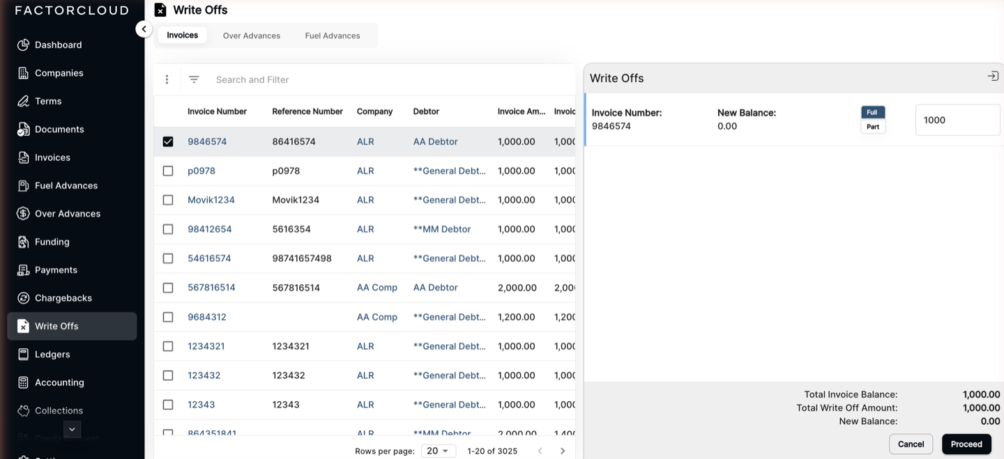 Write Offs panel with an invoice, Full/Part toggle, amount, totals and Proceed
