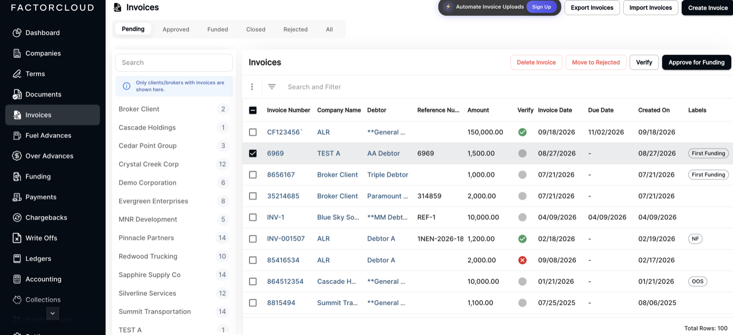 Invoices list with one invoice ticked and the Delete, Move to Rejected, Verify and Approve for Funding action bar