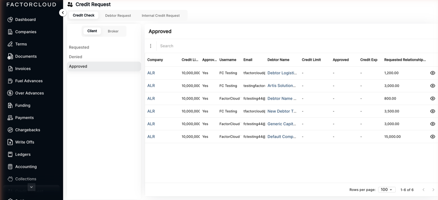 Credit Request screen with Credit Check, Debtor Request and Internal Credit Request tabs