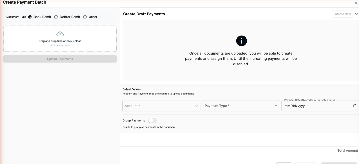 Create Payment Batch screen with document upload, draft payments and Default Values