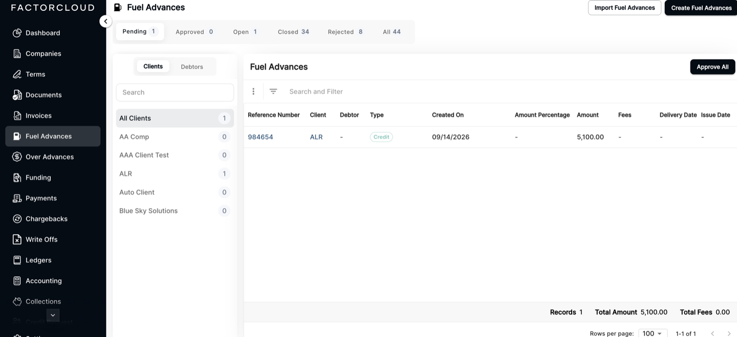 Fuel Advances list with Pending, Approved, Open, Closed, Rejected and All tabs