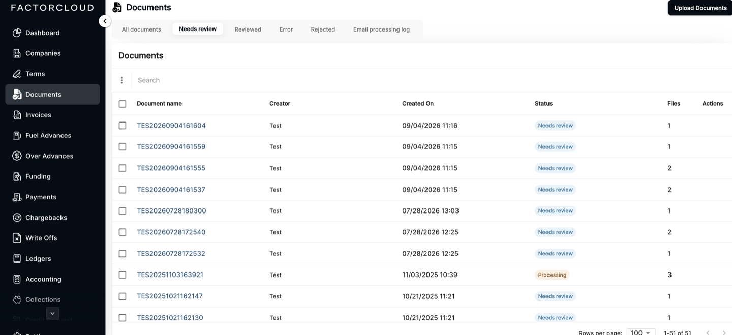Documents review queue on the Needs review tab
