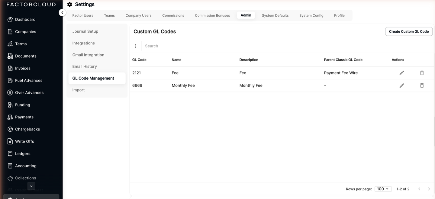 Custom GL Codes list in GL Code Management