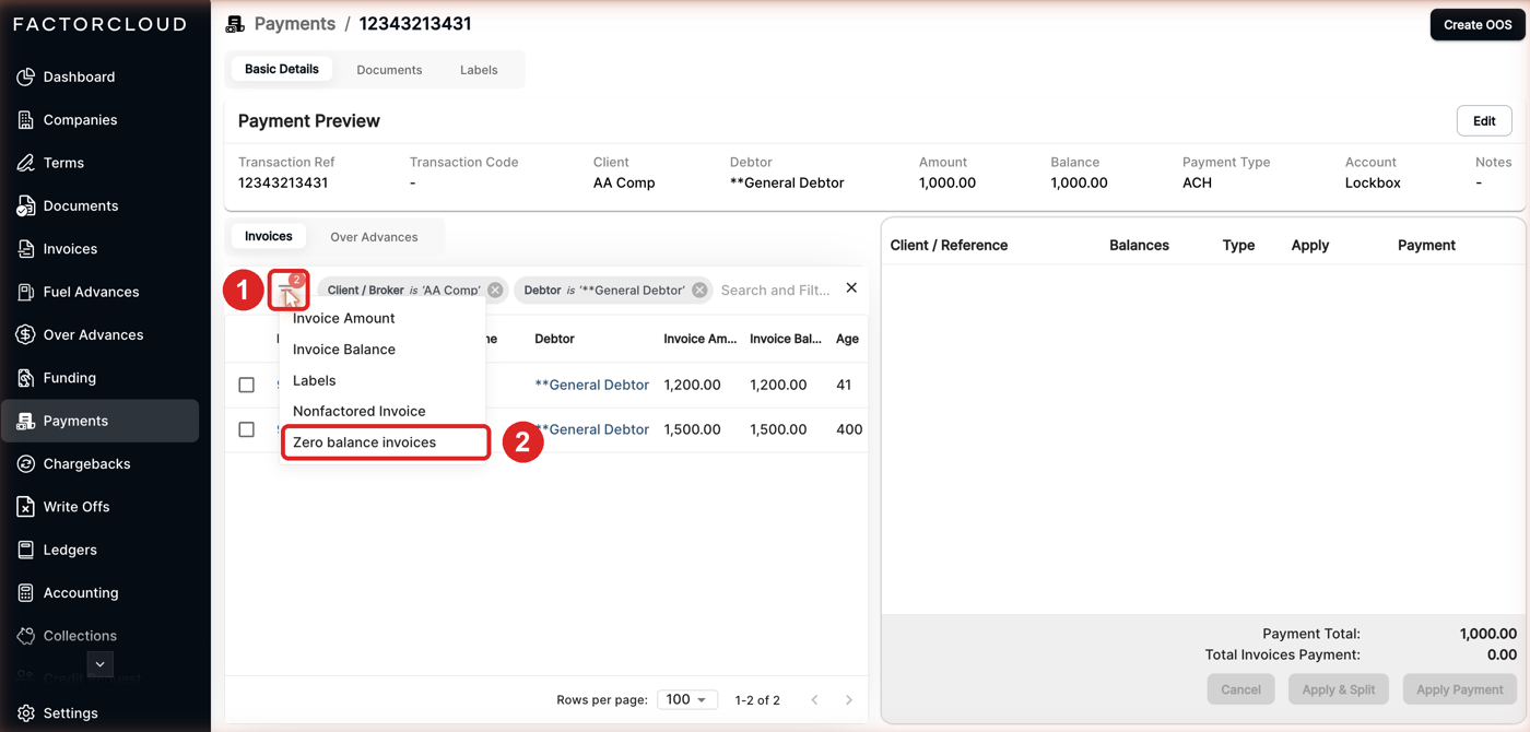 Filter menu on the payment screen with Zero balance invoices highlighted
