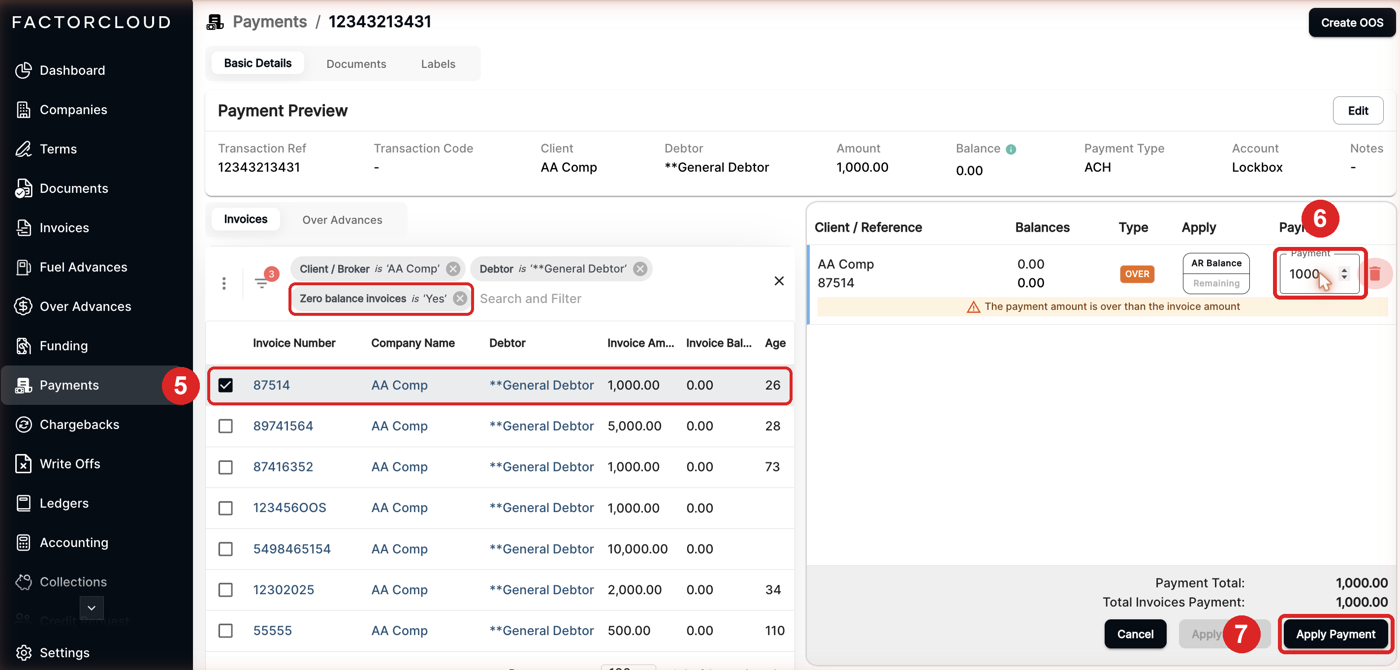 Charged-back invoice selected, payment amount entered, Apply Payment highlighted