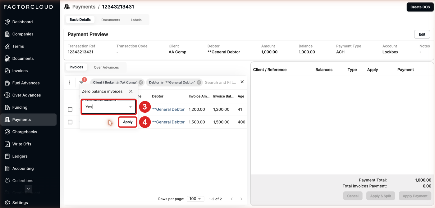 Zero balance invoices filter set to Yes with the Apply button highlighted