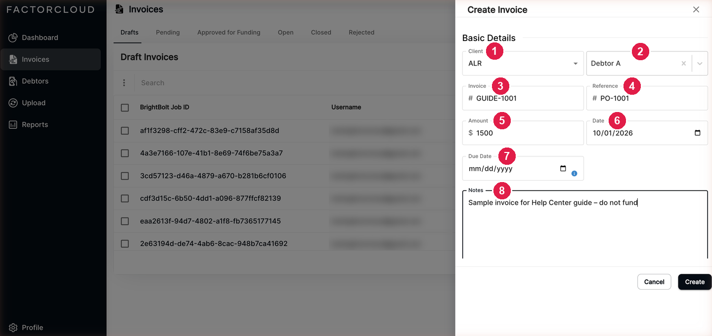 Create Invoice, top of the form