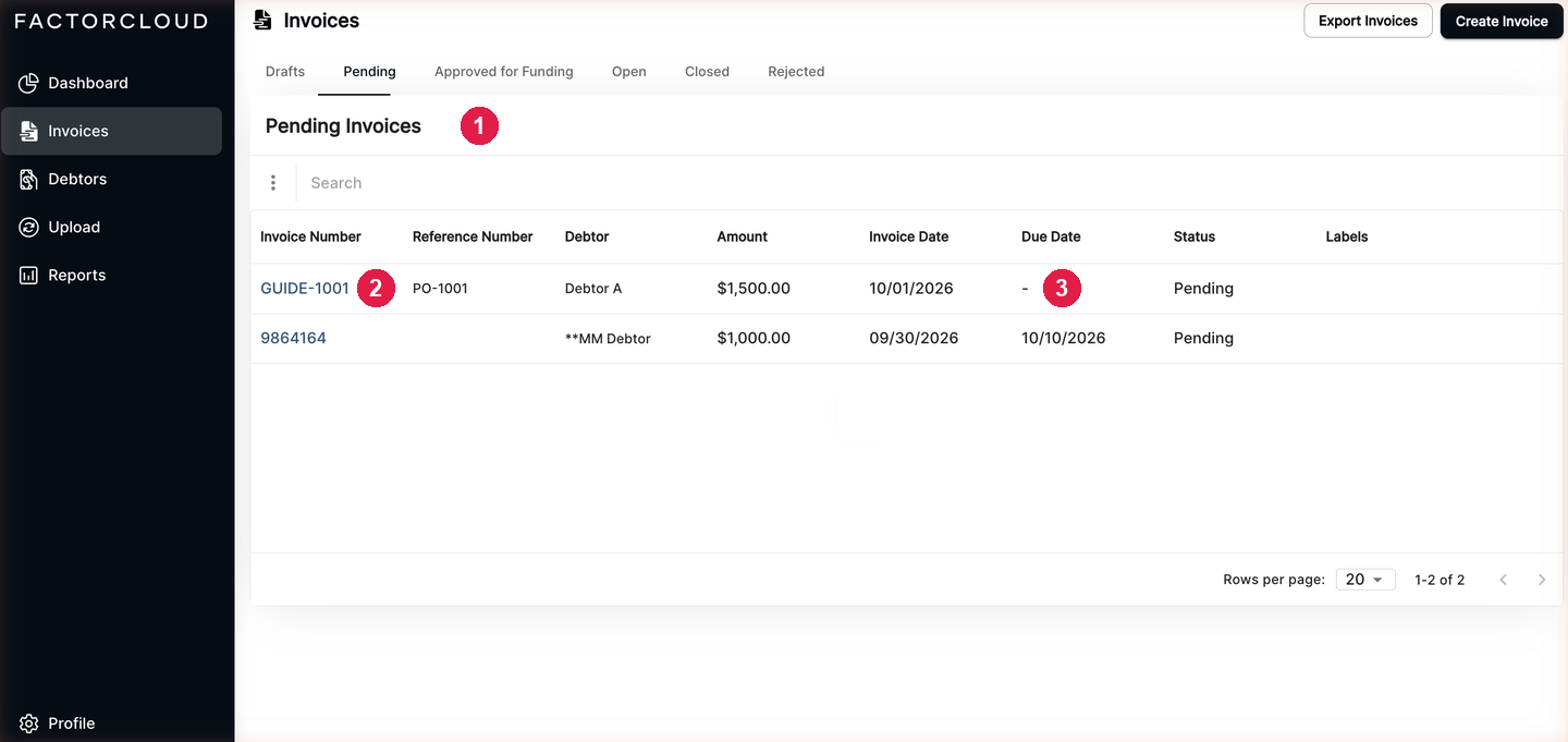 The new invoice on the Pending tab