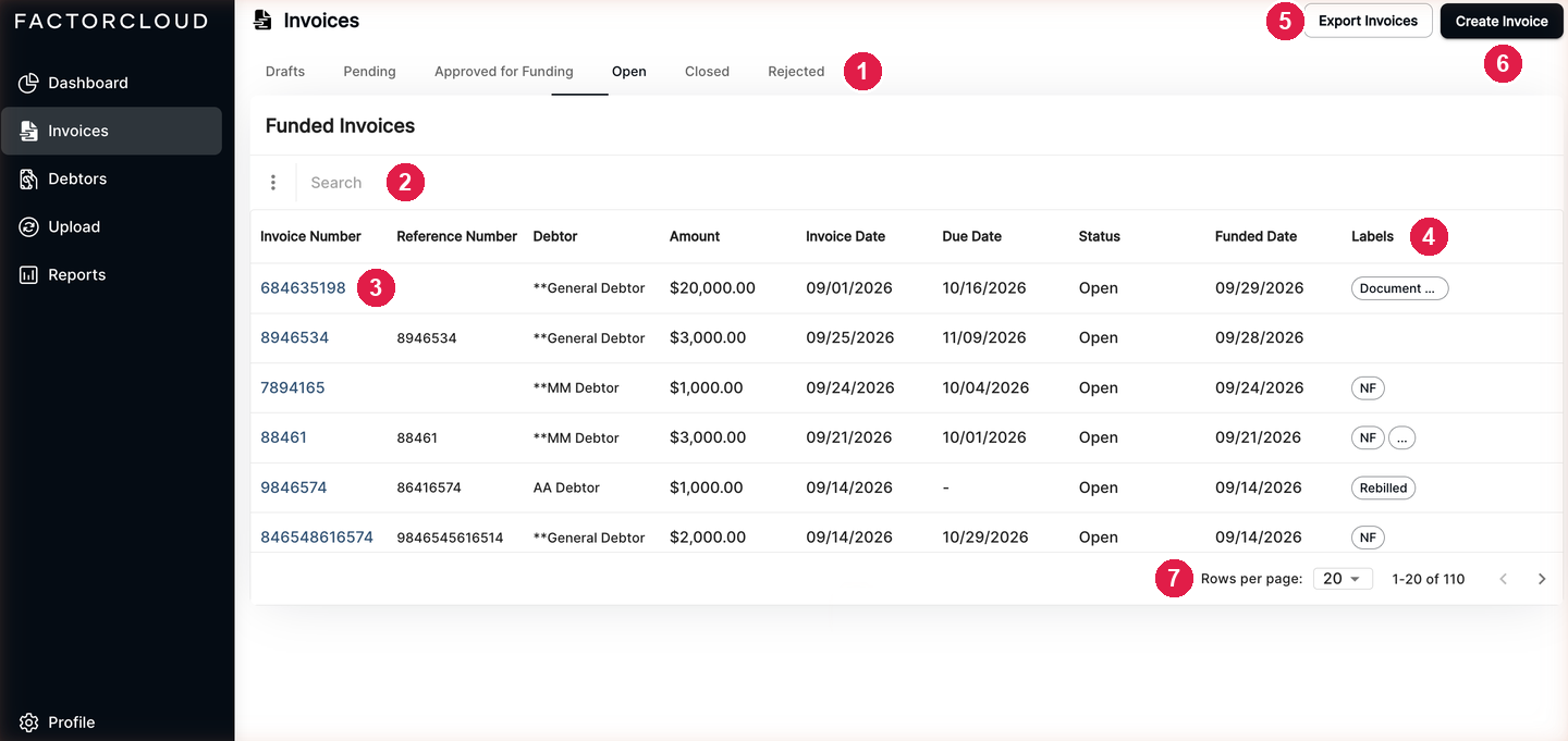 The Invoices page