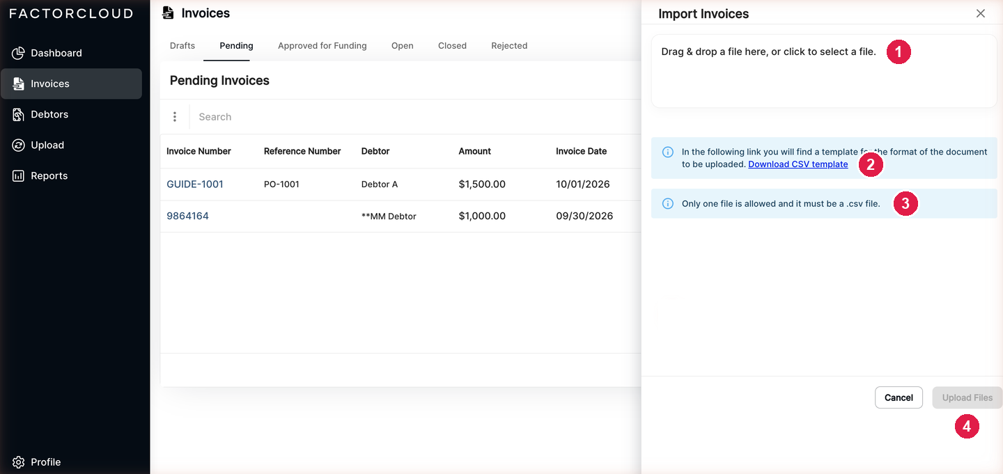 The Import Invoices panel