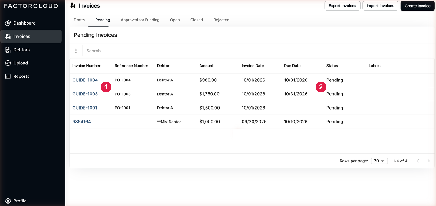 Imported invoices on the Pending tab