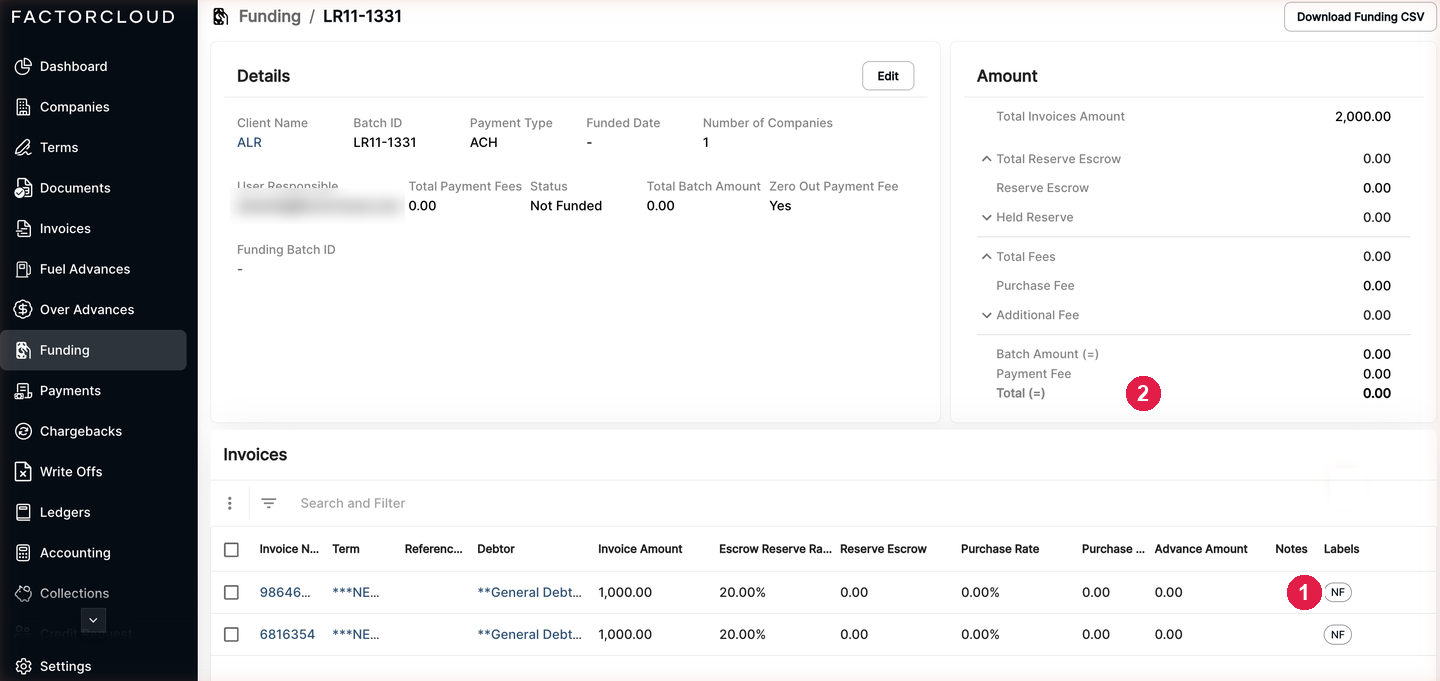 Funding batch with two NF invoices and a 0.00 total