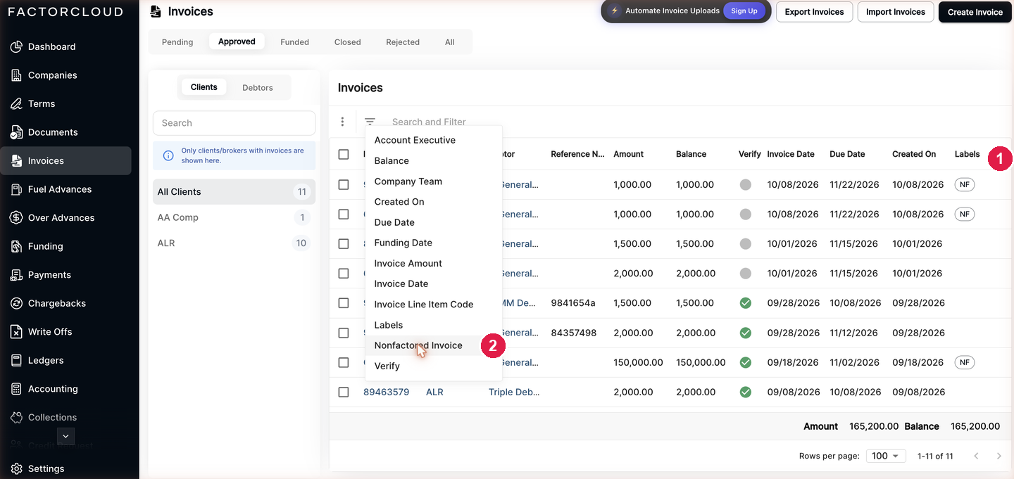 Approved tab showing NF labels and the Nonfactored Invoice filter