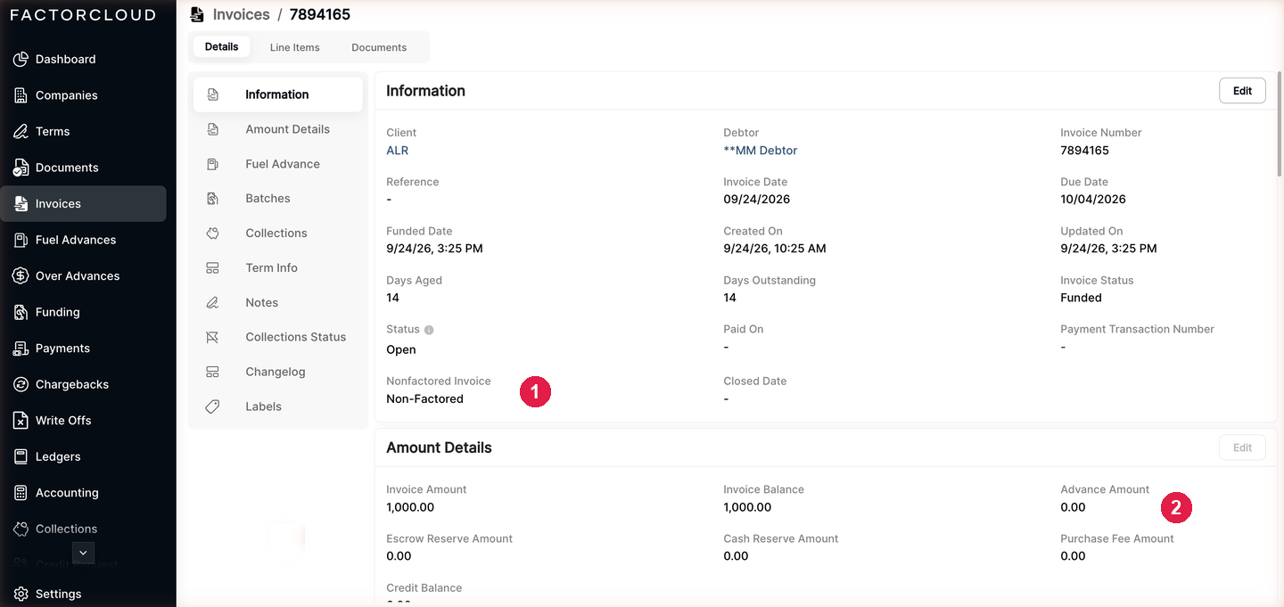 Invoice details showing Non-Factored and an Advance Amount of 0.00