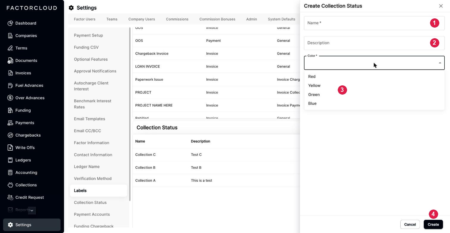 Create Collection Status form with the Color list open