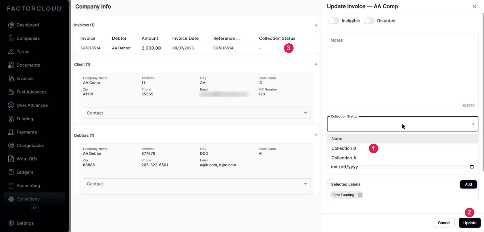 Update Invoice panel with the Collection Status list open