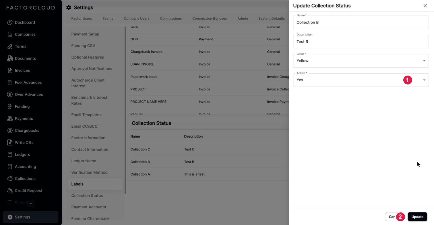 Update Collection Status form showing the Active field