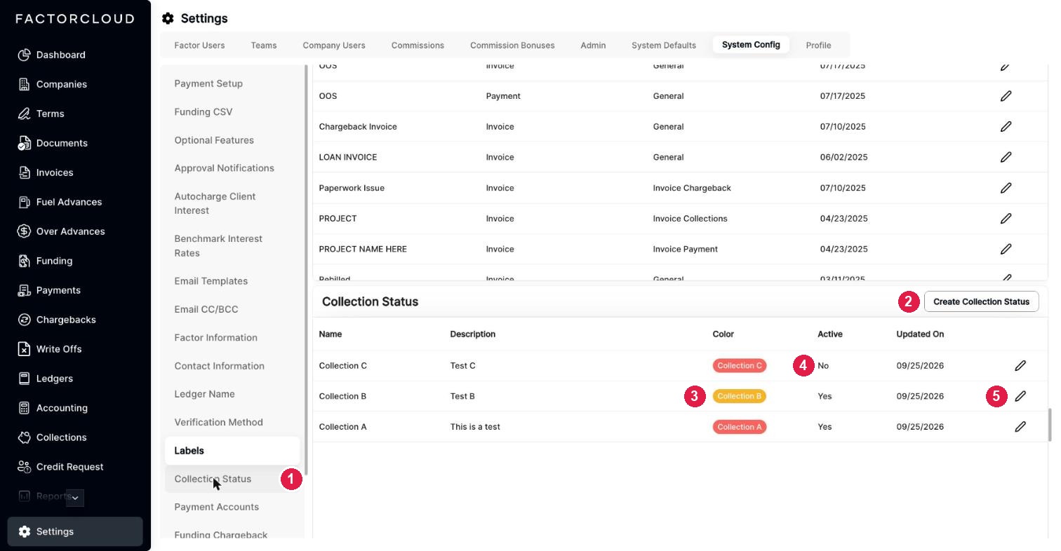 Collection Status list in Settings, System Config